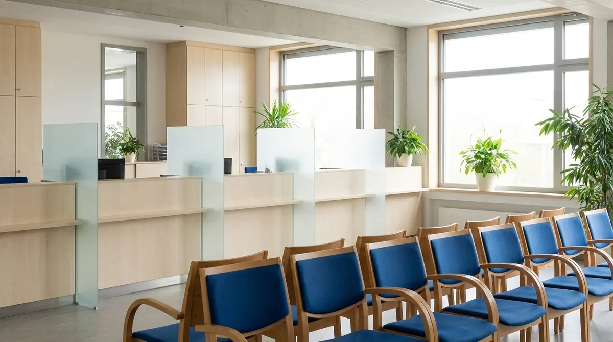 Schaltertresen mit Glastrennwänden und blauen Wartestühlen in einem Bürgerbüro