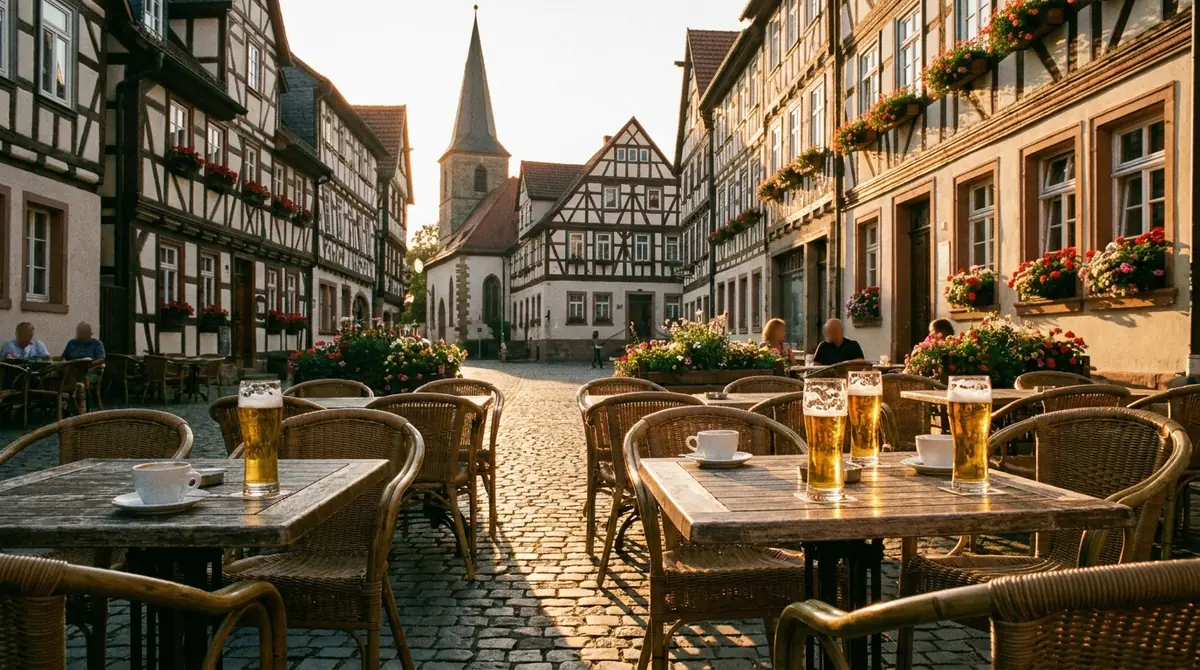 Außengastronomie mit Holztischen und Korbstühlen auf einem Altstadtplatz im Abendlicht