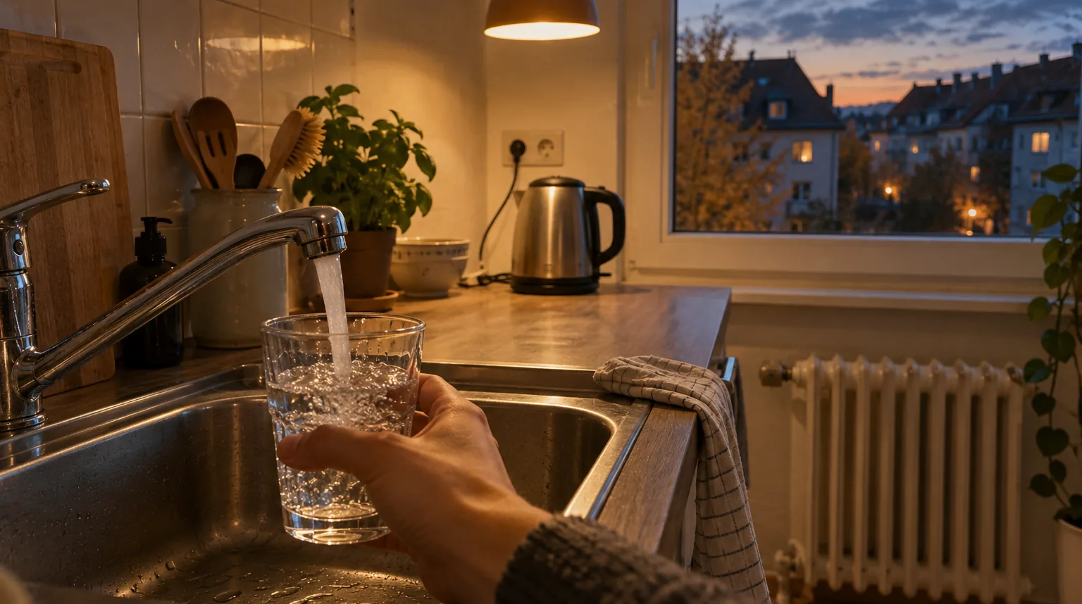 Hand füllt in einer Küche ein Glas mit Leitungswasser, daneben Heizkörper und Wasserkocher, draußen Wohnhäuser in der Abenddämmerung