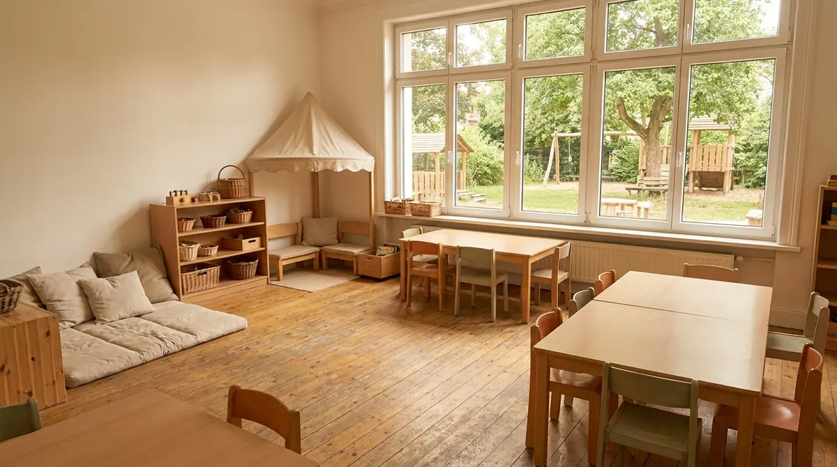 Gruppenraum einer Kindertagesstätte mit niedrigen Tischen, Spielecke und Fensterfront