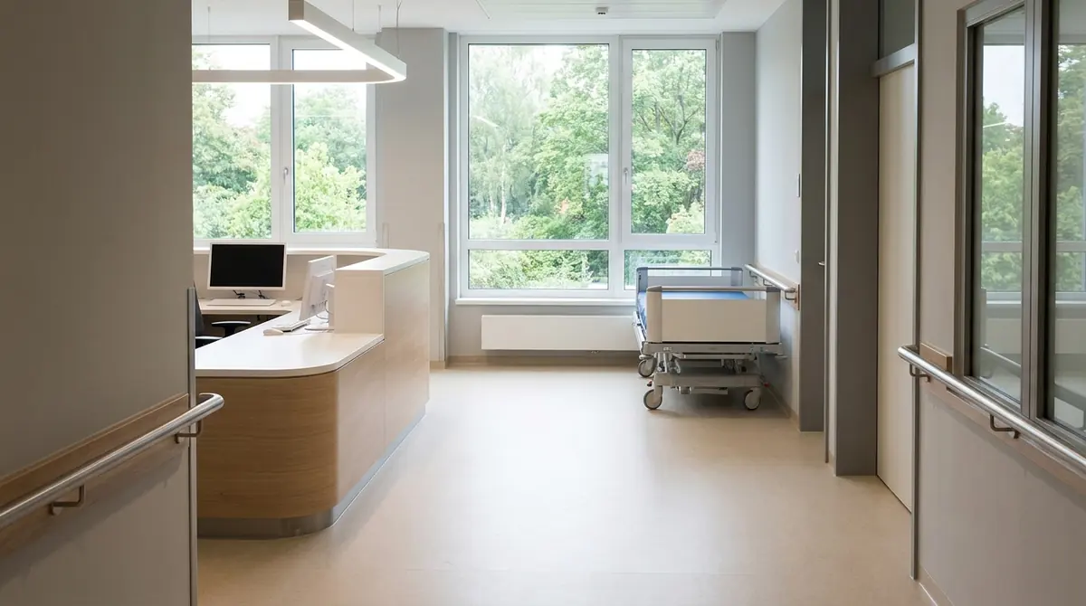 Heller Krankenhausflur mit Pflegestützpunkt, Fensterfront und abgestelltem Patientenbett