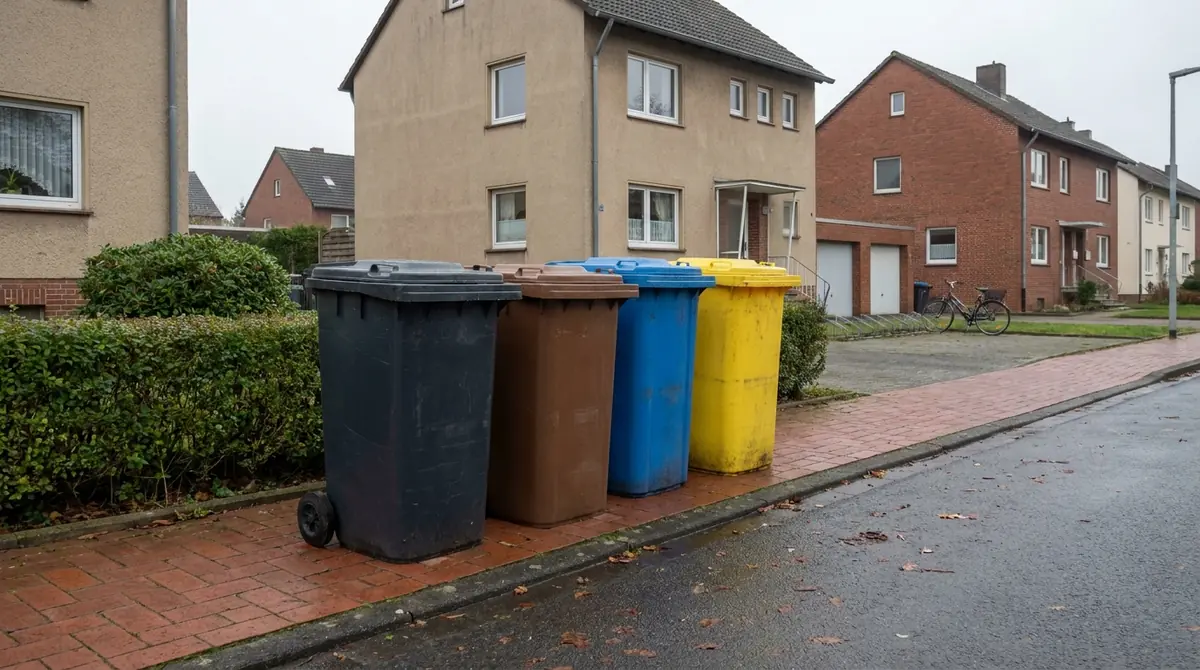 Graue, braune, blaue und gelbe Mülltonne nebeneinander am Straßenrand einer Wohnstraße