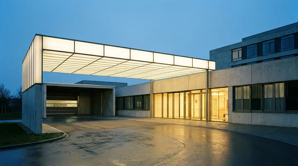 Beleuchtete Vorfahrt einer Klinik-Notaufnahme in der Abenddämmerung