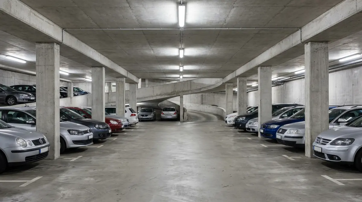 Innenansicht eines Parkhauses mit parkenden Autos, Betonstützen und Auffahrtsrampe