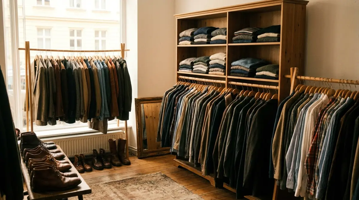 Second-Hand-Laden mit Kleiderstangen, gebrauchten Jacken auf Holzbügeln und einem Regal