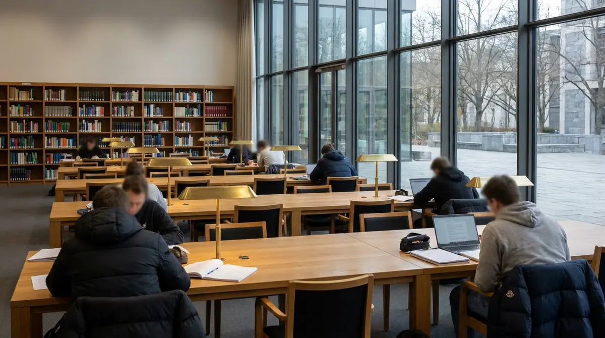 Lesesaal einer Hochschulbibliothek mit langen Holztischen, Leselampen und Fensterfront
