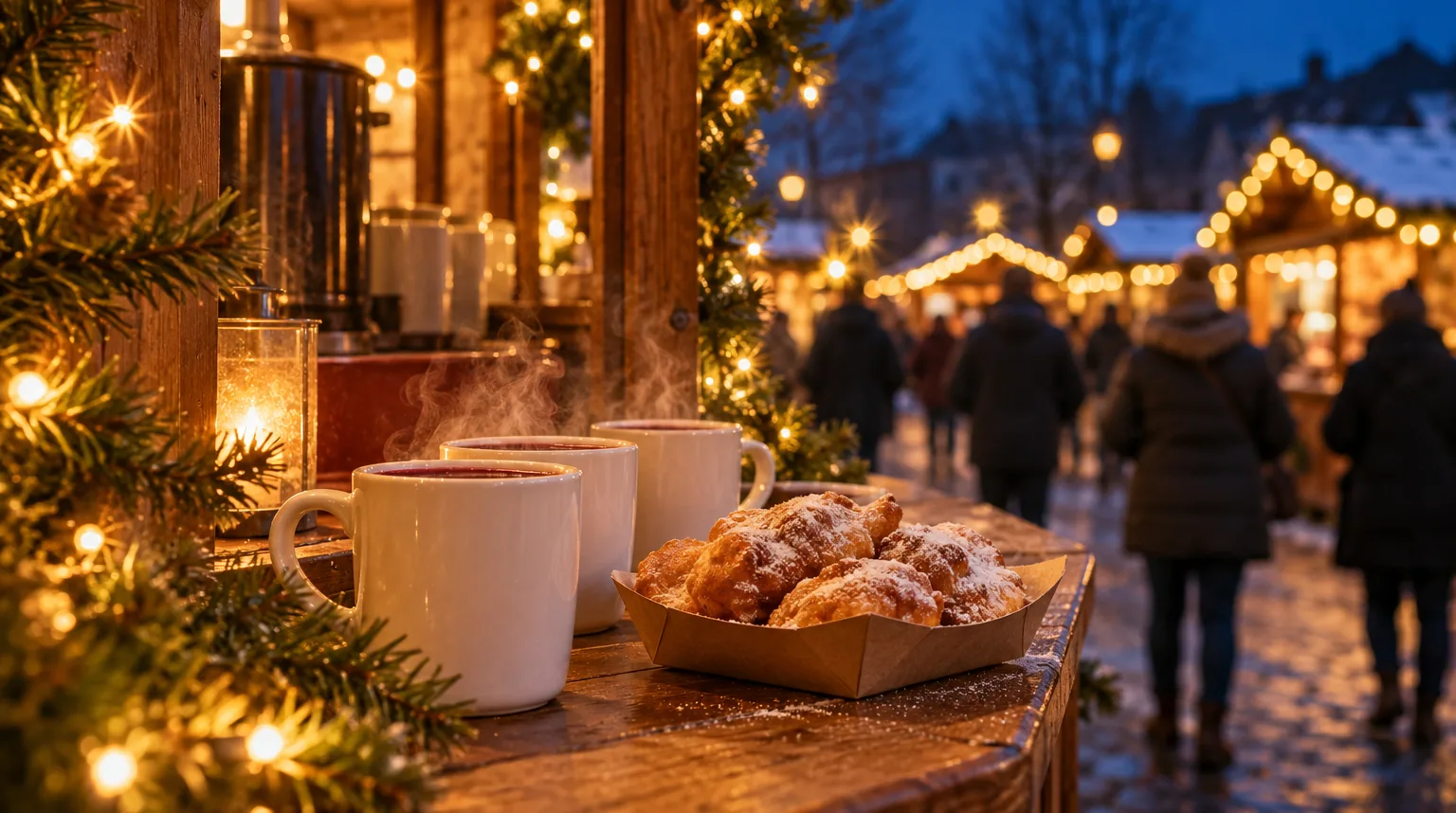 Holztheke einer Weihnachtsmarktbude mit dampfendem Glühwein in weißen Bechern und Schmalzkuchen, dahinter beleuchtete Buden am Abend
