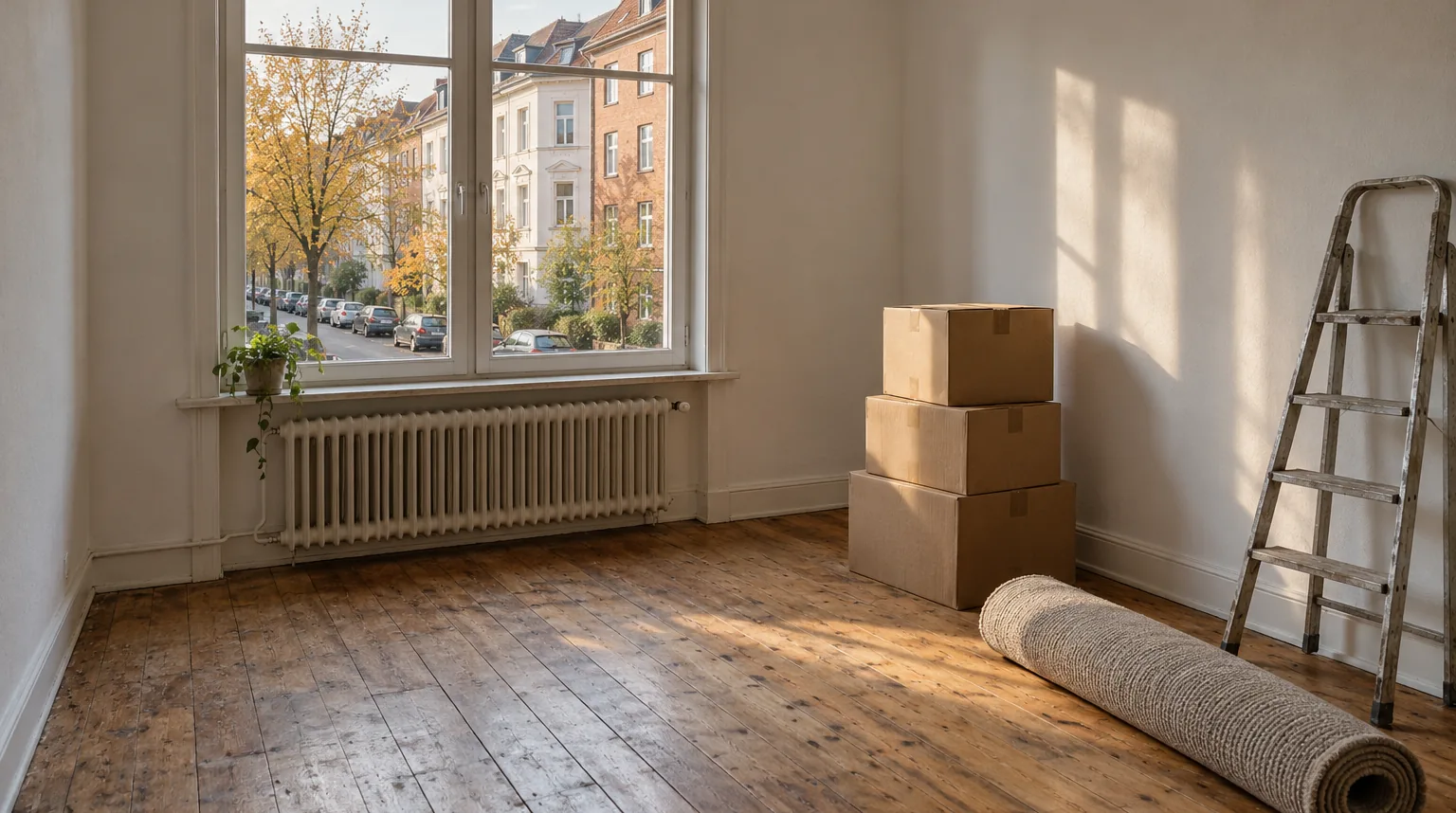 Leeres Zimmer einer Altbauwohnung mit Dielenboden, Umzugskartons und Blick auf eine Wohnstraße mit Mehrfamilienhäusern
